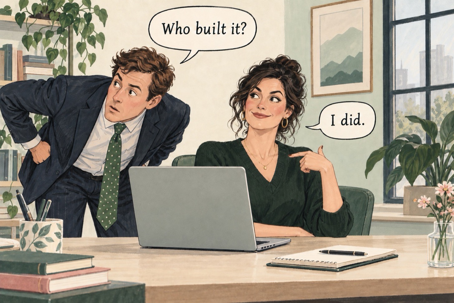 Illustration of a man in a suit leaning in to ask “Who built it?” while a woman at a laptop points to herself and answers “I did.”