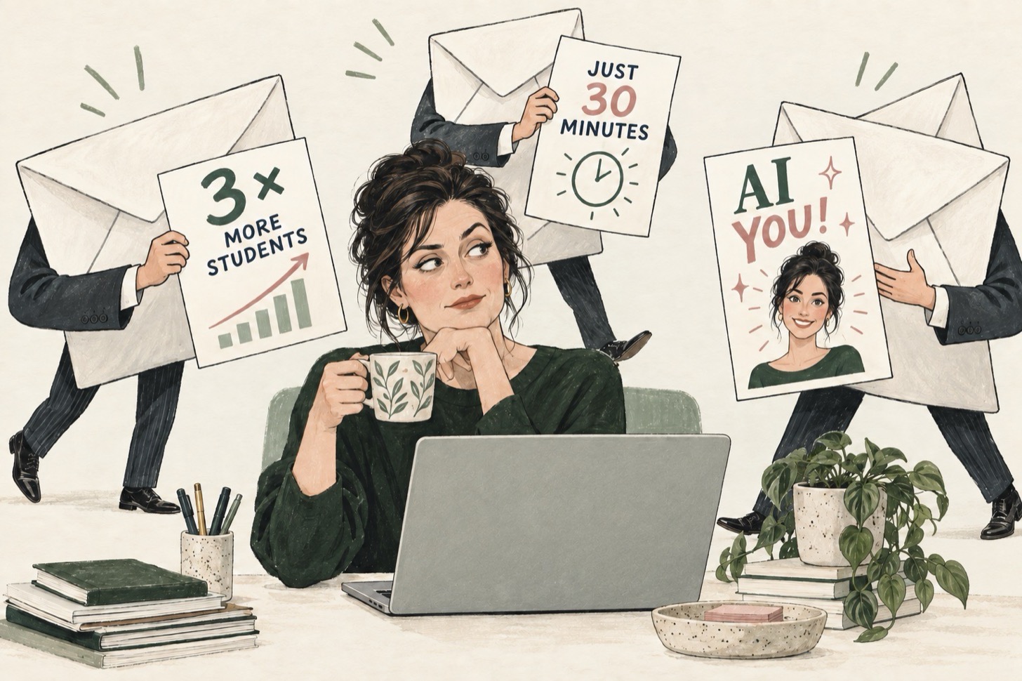 Illustration of a woman at her laptop with a coffee mug, looking skeptical as walking envelopes in suits hold up pitch signs reading “3x more students,” “Just 30 minutes,” and “AI You!”