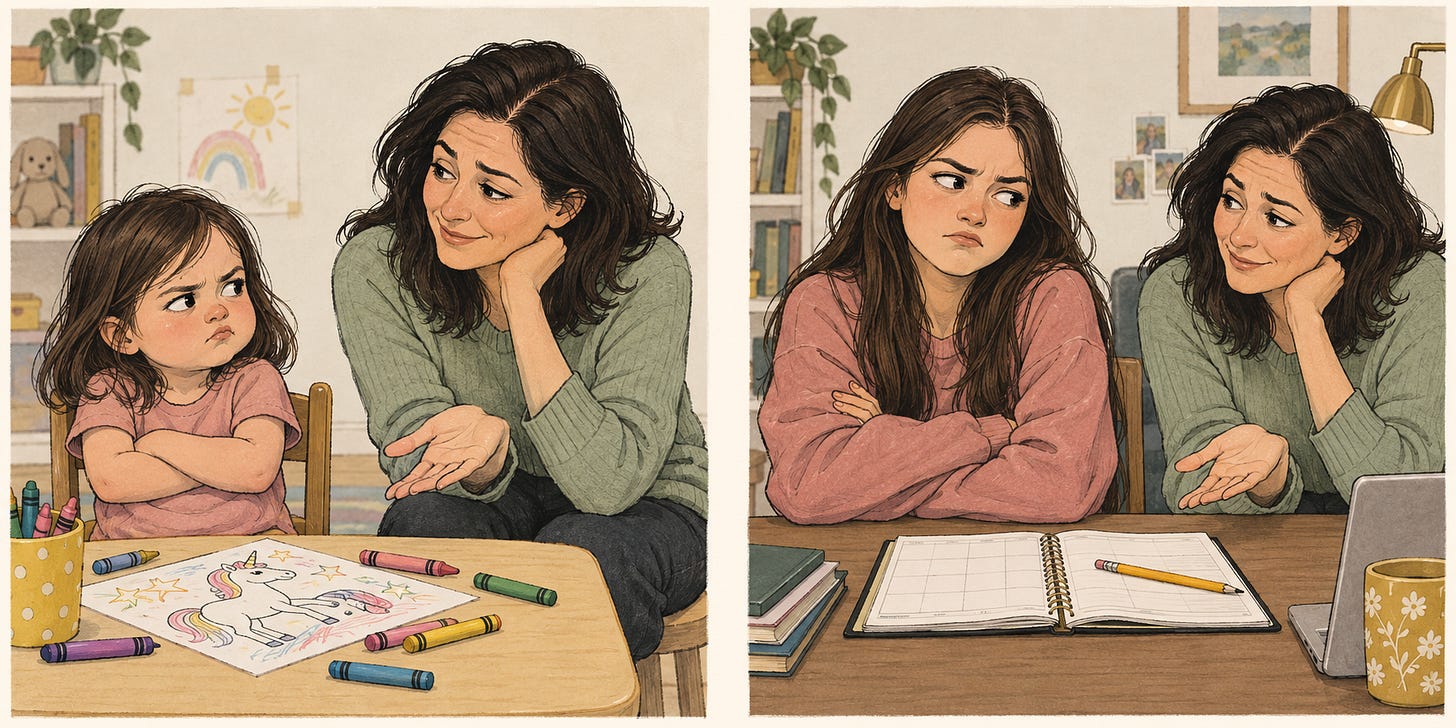 Two illustrated scenes: a preschooler beside crayons and a teenager beside a planner, both with crossed arms and skeptical expressions as an adult offers help.