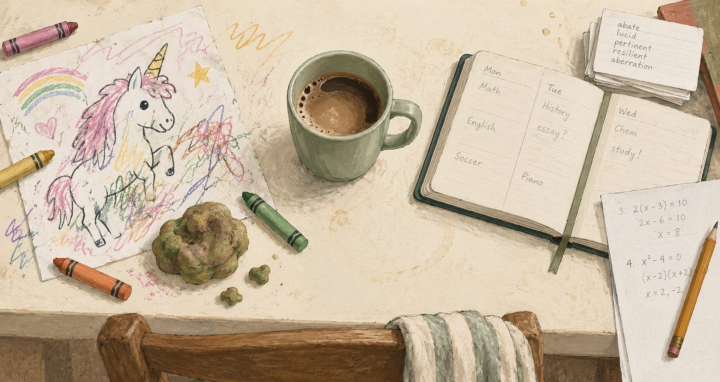A shared tabletop with a scribbled unicorn coloring page, crayons, and mixed Play-Doh beside homework, vocabulary flashcards, and a coffee mug.