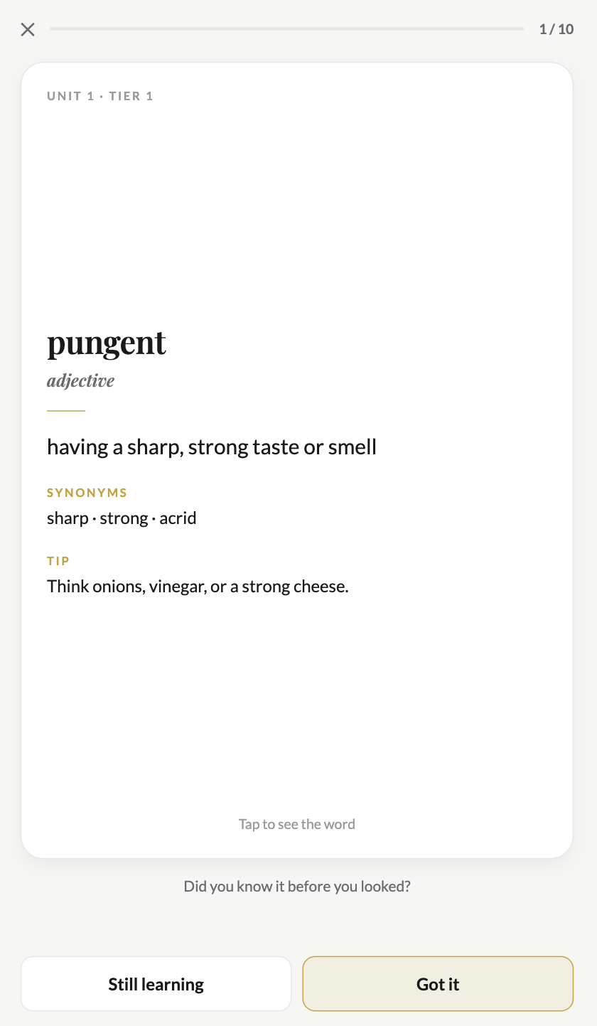 Flashcard for the word pungent with its meaning, synonyms and a memory tip