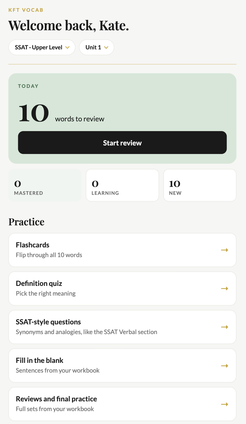 KFT Vocab home screen showing 10 words to review today and the practice modes