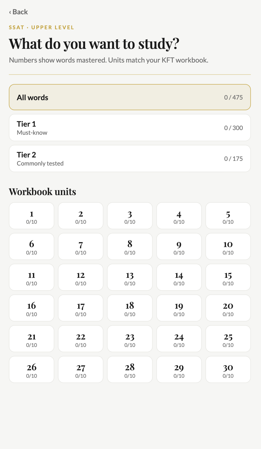 Screen for choosing all words, a tier, or one of 30 workbook units